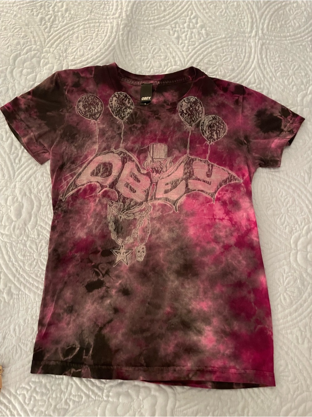 Vintage Obey woman’s  Tie-Dye Graphic Tee - Pink & Black